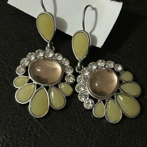Lia Sophia Silver and Cream Floral Earrings Chartreuse Enamel Crystals